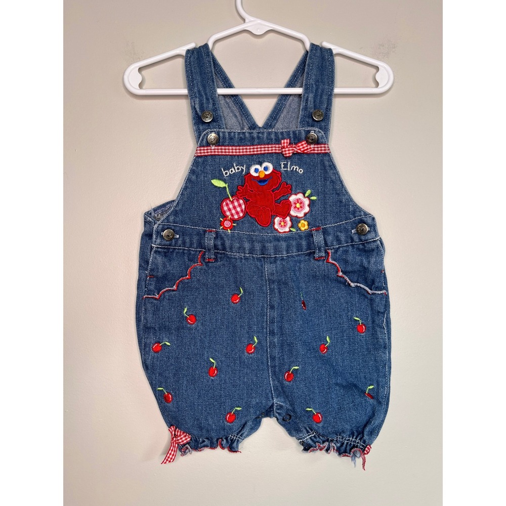 2000s Y2K Baby Elmo Sesame Street Cherries Gingham Denim Bubble Overalls 6/9 M